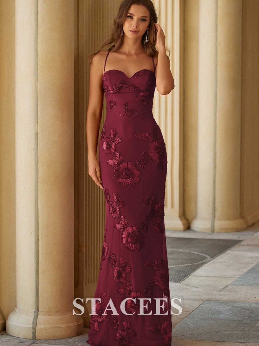 Stacees Burgundy Fitted Floral Jacquard Spaghetti Strap Prom Gown with Open Back